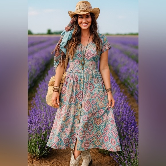 Vintage Dresses & Skirts - Stunning western Aztec native vibe vintage boho dress w country feel